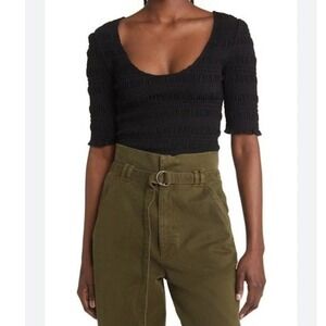 FRAME Black Smocked Scoop Neck Short Sleeve Top Women's Size S